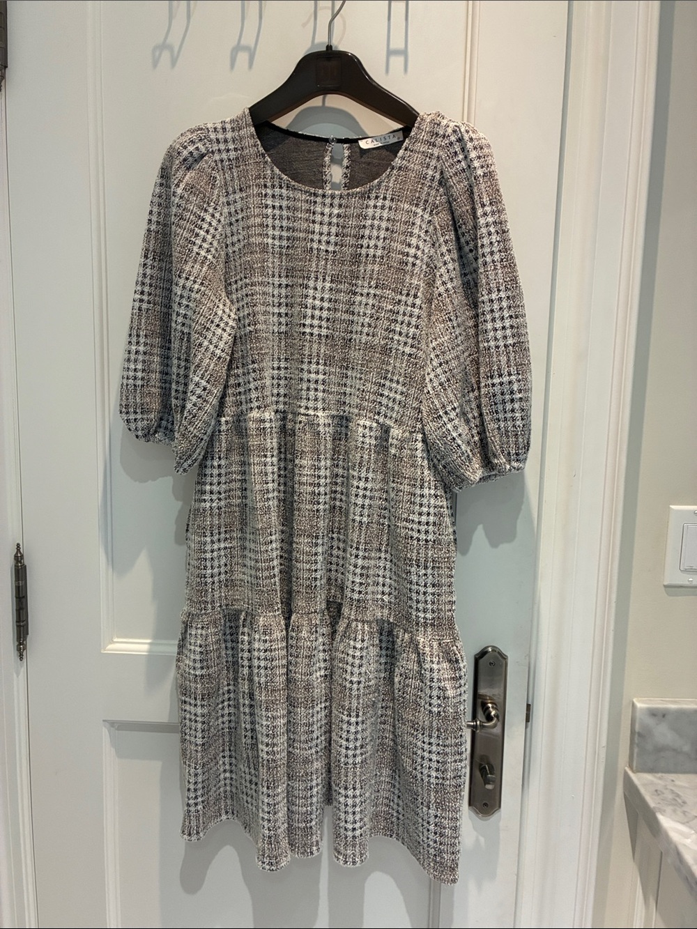CALISTA Plaid Bouclé Textured Tiered Mini Dress Small 👵MT